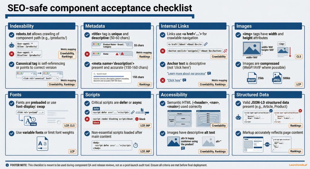 Component-driven web dev for SEO performance 3 SEO-safe component acceptance checklist with pass and fail examples